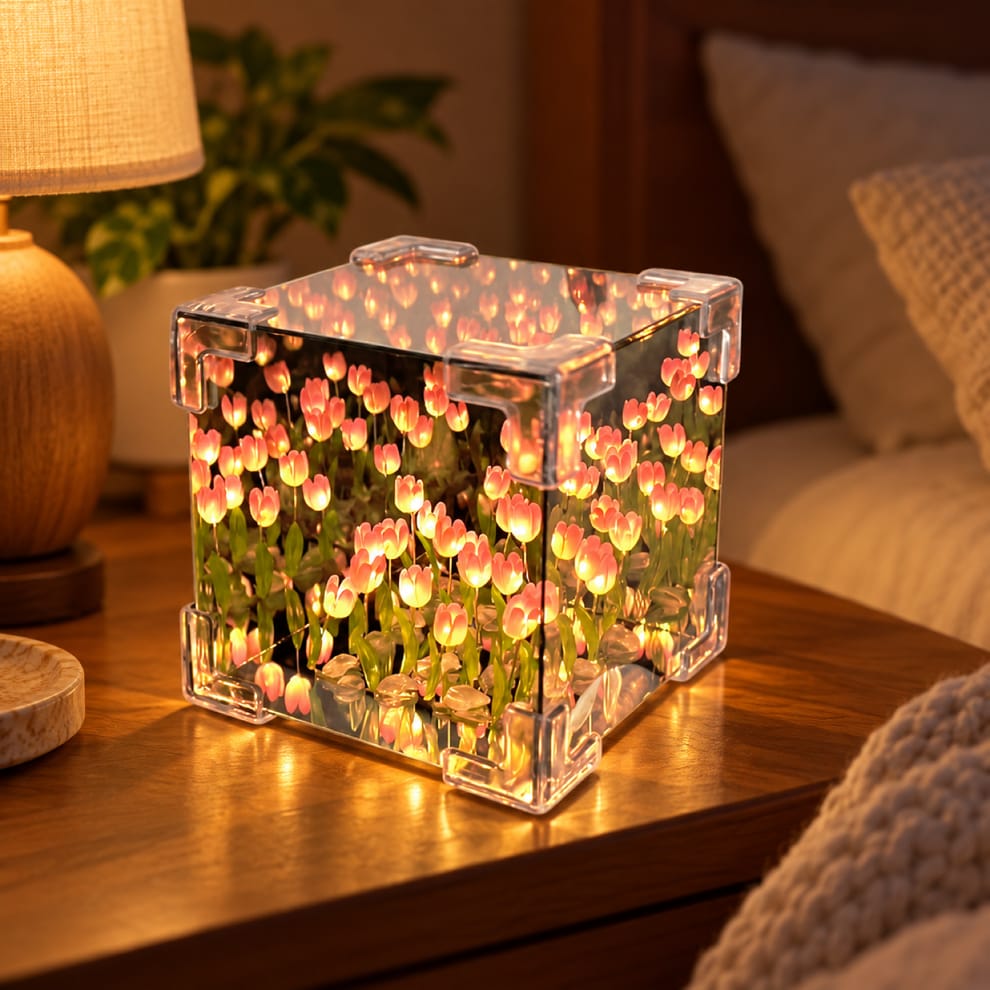 Tulip Flower LED Cube Night Lamp – Warm Ambient Decorative Light