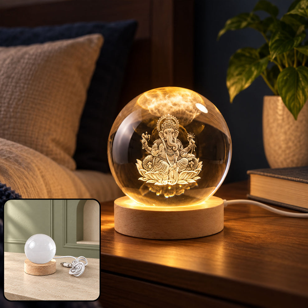 Ganpati 3D Crystal Ball Lamp with Wooden LED Base and USB Cable for Home Decor