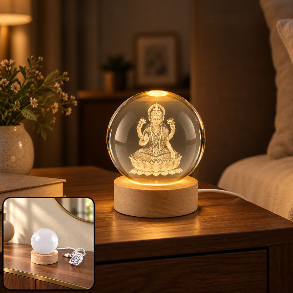 Laxmi Ji 3D Crystal Ball Lamp with Wooden LED Base and USB Cable for Home Decor